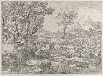 Tre pojkar i ett landskap med en stad i bakgrunden, 1626-80.