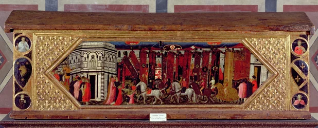 Cassone dekorerad med en scen av Palio av S. Giovanni (tempera på panel)