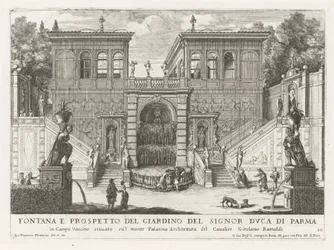 Farnesische Tuinen te Rom Fontän och upphöjning av hertigen av Parmas trädgård (...) (titel på objektet) Fontänerna i Roms palats och trädgårdar (serietitel) Fonteinen in de paleizen en tuinen van Rome (serietitel)