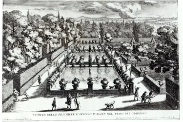 Fiskdammar vid Villa dEste, Tivoli, från Le Fontane av Giovanni Battista Falda (c.1648-1787), publicerad av 1689