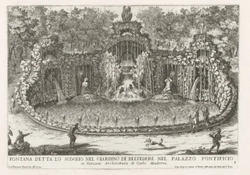 Drakens fontän i de Vaticaanse tuinen Fontän som kallas klippan i Belvedere-trädgården i det påvliga palatset (...) (titel på objektet) Fontänerna i Roms palats och trädgårdar (serietitel) Fonteinen in de paleizen en tuinen van Rome (serie