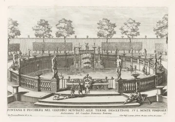 Fontän och fiskdamm i trädgårdarna i Villa Montalto i Rom Fontana e pischiera nel giardino Montalto alle Terme Diocletiane (...) (titel på objekt) Le fontane ne palazzi e ne giardini di Roma (serietitel) Fontäner i palatsen och trädgårdarna i Ro