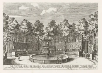 Fontein in de Villa Borghese te Rom Två liknande fontäner i trädgården hos Signor precipe Borghese (...) (titel på objektet) Fontänerna i Roms palats och trädgårdar (serietitel) Fonteinen in de paleizen en tuinen van Rome (serietitel)