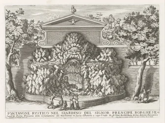 Fontein in de Villa Borghese te Rom Rustik fontän i herr precipe Borgheses trädgård (...) (titel på objektet) Fontänerna i Roms palats och trädgårdar (serietitel) Fonteinen in de paleizen en tuinen van Rome (serietitel)