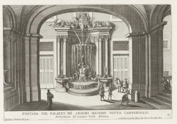 Fontein på plats på Palazzo Massimo di Rignano i Rom Fontän i Palazzo de Signori Massimi under Campidoglio (titel på objekt) Fontänerna i Roms palats och trädgårdar (serietitel) Fonteinen in de paleizen en tuinen van Rome (seriös