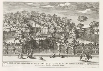 Fontein in de tuinen av Villa Doria Pamphilj te Rom Utsikt över fontänerna på höger sida av trädgårdsteatern (...) (titel på objekt) Fontänerna i Roms palats och trädgårdar (serietitel) Fonteinen in de paleizen en tuinen van Rome (serie