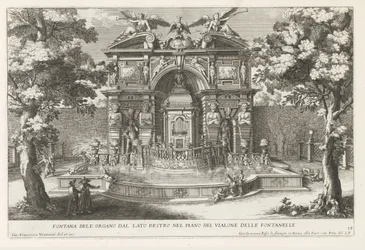 Fontein träffade hydraulisk orgel i de tuinen van de Villa d
