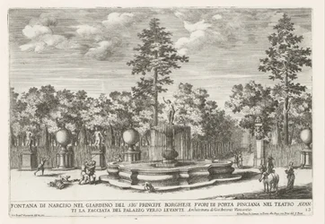 Fontein van Narcissus i Villa Borghese i Rom Narcissusfontän i herr prins Borgheses trädgård (...) (titel på objektet) Fontänerna i Roms palats och trädgårdar (serietitel) Fonteinen in de paleizen en tuinen van Rome (serietitel)