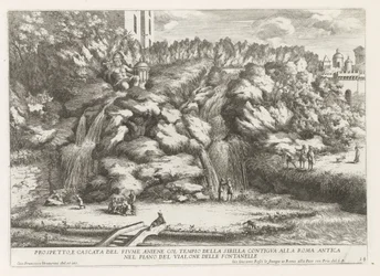 Landschap met cascade en Tempel van de Tiburtijnse Sibille te Tivoli Prospekt och vattenfall i floden Aniene med sibyllans tempel (...) (titel på objektet) Fontänerna i Este-trädgården i Tivoli (serietitel) Fonteinen in de tuinen van Villa d