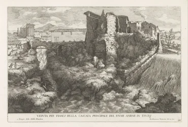 Landschap met waterval en tempel av de Tiburtijnse Sibille te Tivoli Sidovy av huvudvattenfallet i floden Aniene i Tivoli (titel på objekt) Fontänerna i Este-trädgården i Tivoli (serietitel) Fonteinen in de tuinen av Villa d