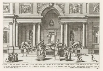 Loggia en trädgård av Villa Medici i Rom Merkuriusfontän i storhertigen av Toscanas trädgård vid Trinita de Monti (...) (titel på objektet) Fontänerna i Roms palats och trädgårdar (serietitel) Fonteinen in de paleizen en tuinen van Rome (se