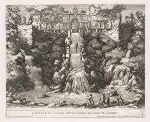 The Fountains of Rome, Bok IV, skylt 21: Vy över kaskaden nedanför orgeln från trädgården.