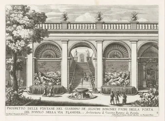 Tuin van een paleis te Rom Prospekt av fontänerna i Boromei-herrarnas trädgård (...) (titel på objektet) Fontänerna i Roms palats och trädgårdar (serietitel) Fonteinen in de paleizen en tuinen van Rome (serietitel)