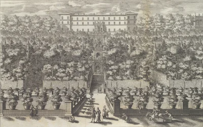 Utsikt över palatset från trädgårdsvåningen med dess fontäner ..., 1691 eller senare.