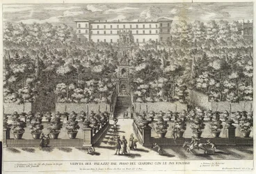 Utsikt över palatset från trädgårdsvåningen med dess fontäner, från La Fontane, pub. c 1691