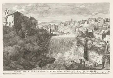 Waterval in de rivier de Aniene vid Tivoli Utsikt över huvudvattenfallet i floden Aniene i staden Tivoli (titel på objektet) Fontänerna i Estense-trädgården i Tivoli (serietitel) Fonteinen in de tuinen van Villa d