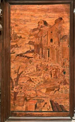Genua, Duomo (St Lawrence Cathedral), inuti, absid, kör, norra sidan: "Moses räddad från vattnet", träintarsia av Giovanni Francesco Zambelli (XVI-talet)
