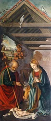 Barnets tillbedjan, central panel i triptyk föreställande Födelsen med helgonet Franciskus och Bartolomeus med två donatorer
