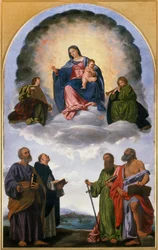 Madonna i ära med Kristusbarnet, två änglar musiker, St. Peter, St. Dominic, St. Paul och St. Hieronymus (Pesaro altartavla)