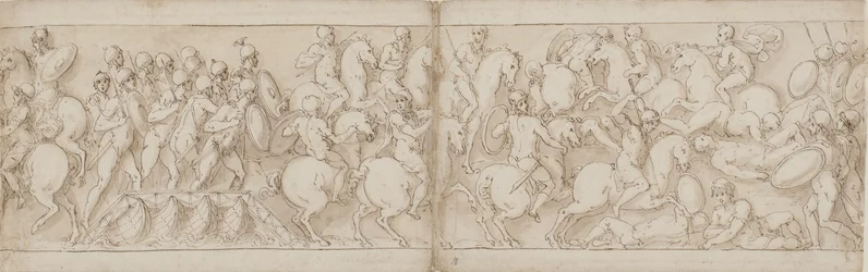 Marcus Aurelius ger sig ut över en kaj med infanteri och kavalleri (CVIII); sarmaterna stöts tillbaka av framryckande romare (CIX)