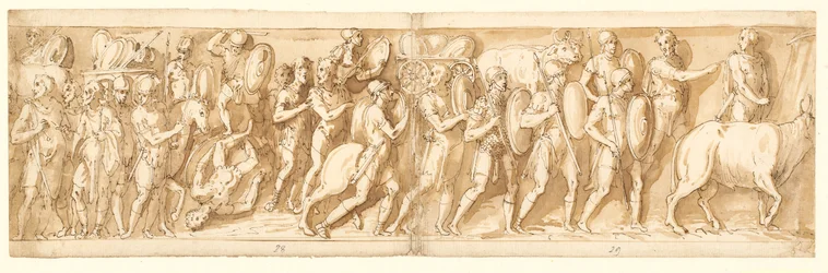 Romarna på marschen (XXXVI); Marcus Aurelius, Pompeius och en assistent tittar på marschen (XXXVII); ett stopp på marschen (XXXVIII)