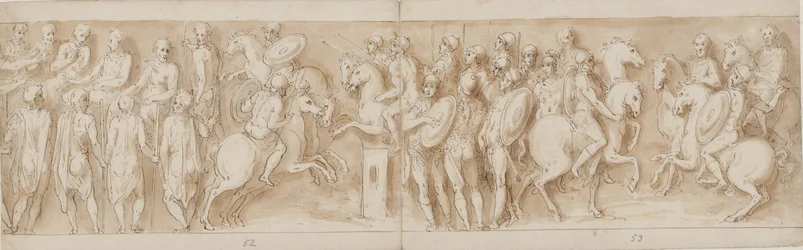 Sarmatians före det kejserliga rådet (slutet av LXII, början av LXIII); omgivna av vakter ser Marcus Aurelius och Pompeius till häst en skärmytsling (XC); Tyska adelsmän kommer med ett budskap (upp till mitten av XCI)