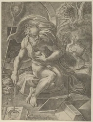 Diogenes satt med sin tunna bakom sig och läste en bok medan han höll en sticka..., ca. 1526-27.