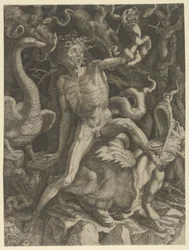 Fury personifierad som en gammal man som rider på ett monster, med en dödskalle i sin vänstra hand, c..., ca.1520-39.