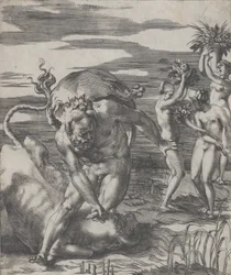 Hercules besegrar flodguden Achelous i form av en tjur, med tre kvinnor t..., ca. 1526-27.
