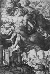 Ixion försöker förföra Juno, omgiven av moln med ruiner nedanför, ca. 1520-39.