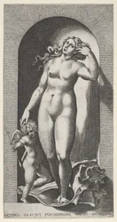 Plåt 10: Venus i en nisch, stående på ett snäckskal, med Amor till höger om henne, från en ser..., 1526.