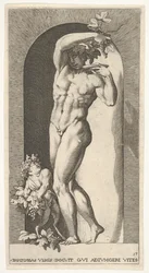 Tallrik 17: Bacchus står i en nisch och håller druvor över en tallrik, åtföljd av en infa..., 1526.