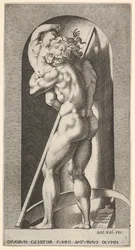 Plåt 1: Saturnus i en nisch som slukar sin son, stående framför en lie, från en serie m..., 1526.