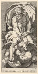 Plåt 3: Jupiter dyker upp ur en nisch, rider på en örn och håller en åskbult i sin l..., 1526.