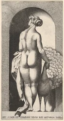 Plansch 4: Juno står i en nisch, sedd bakifrån, och smeker en påfågel till höger om sig, fr..., 1526.