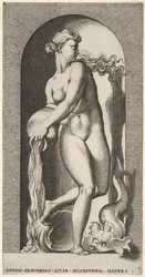 Plåt 6: Thetis står i en nisch med ett skal och en havsdjur och häller vatten ur en ..., 1526.