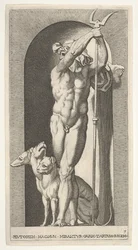 Plåt 7: Pluto i en nisch, med en bident, med Cerberus bredvid sig, från en serie m..., 1526.