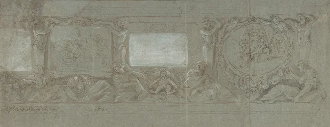 Design för en väggdekoration med Abrahams offer och flykten till Egypten, ca. 1600-1647.