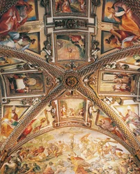 Presbyterievalvdetalj som visar korsfästelsen, av Giovanni Lanfranco (1582-1647), och scener från Gamla och Nya testamentet, av Giovanni Bernardino Azzolino (1572-1645), Certosa av San Martino, Neapel, Kampanien, Italien