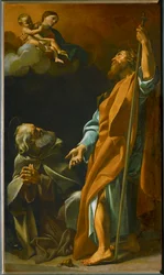 Heliga Maria uppenbarar sig för eremiterna Paulus och Antonius (målning på duk)
