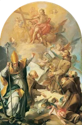 Tre kapucinerhelgon och en biskop som tillber Kristus och korset