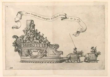 En paradflotta i Reggio, Italien: "The Triumphal Carriage of the Company of St. Roch". Tavla 2b från A. Isacchi, "Relation av Alfonso Isachi kring Madonnans ursprung, högtidlighet, översättning och mirakel