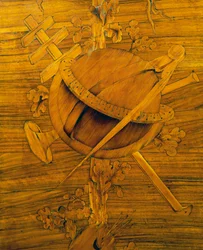 Mätinstrument, central del av inlägg på hörnskåp med enkel stor dörr, av Giovanni Maffezzoli (1779-1818), elev till Giuseppe Maggiolini, signerad och daterad 1798, Italien