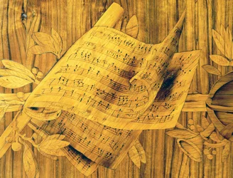 Musikmusik, central del av inlägg på hörnskåp med en enda stor dörr, av Giovanni Maffezzoli (1779-1818), elev till Giuseppe Maggiolini, signerad och daterad 1798, Italien