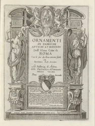 Titeltryck med allegoriska figurer och putti Moderna och antika monument och byggnader i Rom (serietitel) Ornamenti di fabriche antichi et moderni dell