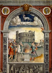 Zodiakens tecken: "" The belier""" Medaljonger med porträtt av Jules Cesar och Augustus. Nedan, legende associerad med födelsen av stjärnbilden som motsvarar tecknet: Caius Mucius Scaevola, införd i fiendens läger etruskiska ki
