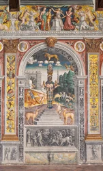 Lejonets astrologiska tecken med Diana, två rådjur och en satyr som på en sarkofag i Bleinhaim Palac; i bakgrunden Arco degli Argentari i Rom och Hercules som kämpar mot det Nemeiska lejonet, Zodiakens kammare (Camera dello Zodiaco)