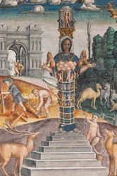 Lejonets astrologiska tecken med Diana, två rådjur och en satyr som på en sarkofag i Bleinhaim Palace; i bakgrunden Arco degli Argentari i Rom och Hercules som kämpar mot det Nemeiska lejonet, Zodiakens kammare (Camera dello Zodiaco), detalj