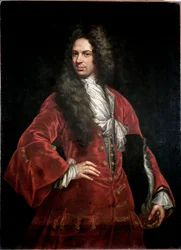 Porträtt av en gentleman i röd kostym Målning av Giovanni Maria Delle Piane dit il Mulinaretto (1660-1745) Dim 132x97 cm Genes Musei di Strada Nuova (ex Palazzo Bianco)