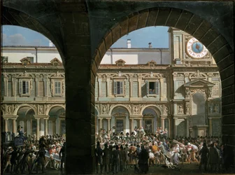 Domenico Pino talar till folkmassan på torget Mercanti i Milano, 21 april 1814 (målning